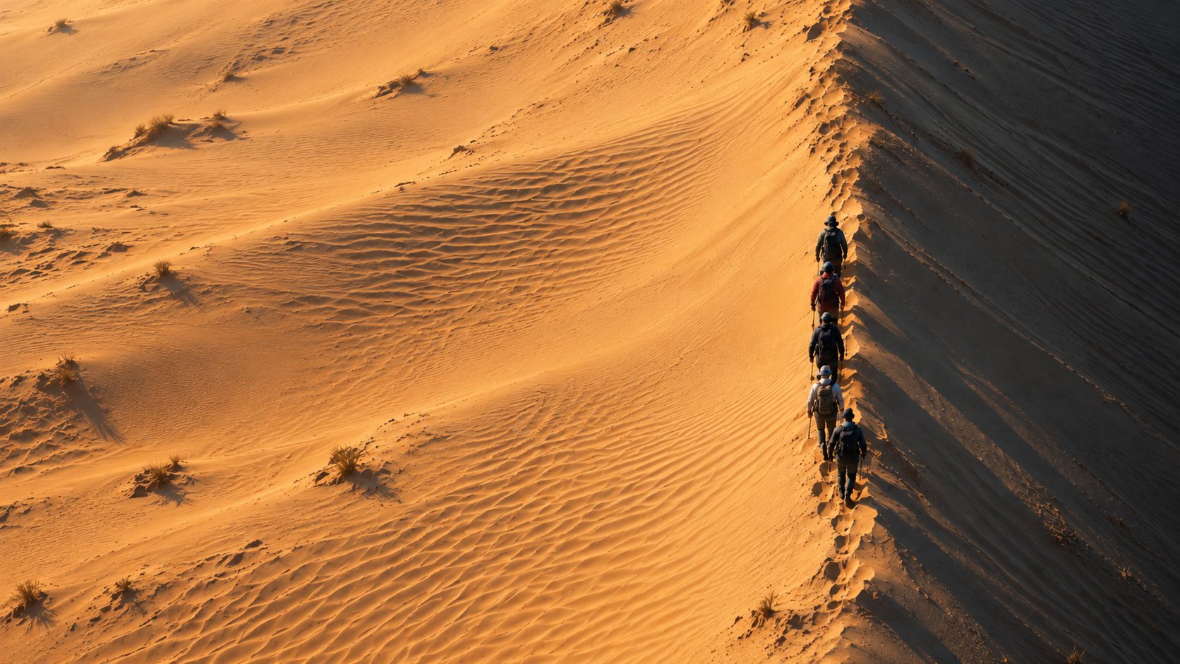 A group of hikers walking along the ridge of a sand dune